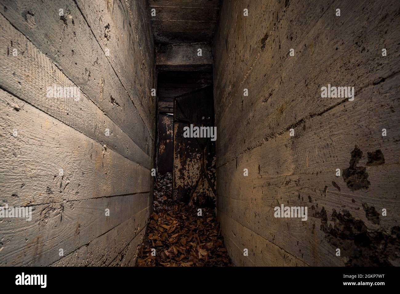Un vecchio bunker piccolo dalla seconda guerra mondiale vicino ad una fabbrica nel bosco Foto Stock