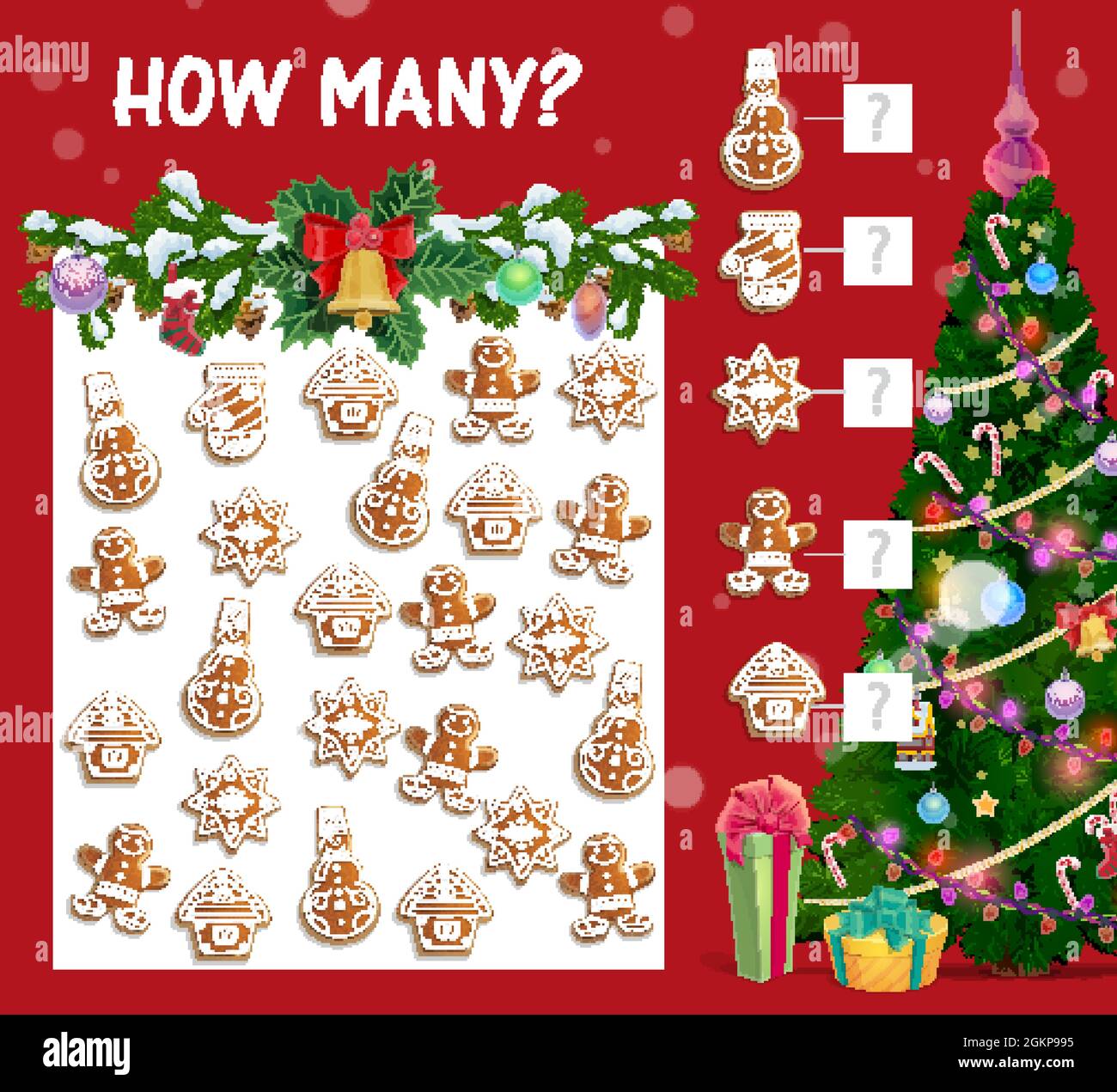 Bambini Natale quanti gioco conteggio con biscotti di pan di zenzero. Uomo, casa e pupazzo di neve forma biscotto, scatole regalo e decorato albero di Natale cartone animato vettore. Bambino inverno vacanza matematica labirinto Illustrazione Vettoriale