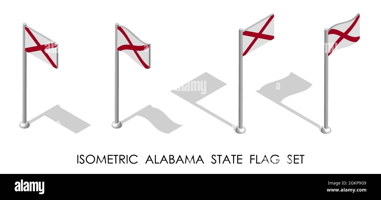 Bandiera isometrica dello stato americano DELL'ALABAMA in posizione statica e in movimento sul flagpole. vettore 3d Illustrazione Vettoriale