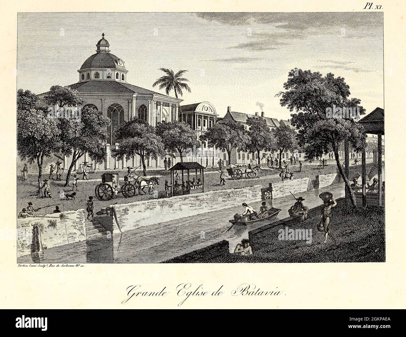 Vista della grande chiesa di Batavia [l'ex capitale delle Indie orientali olandesi ora Giacarta, Indonesia] dal libro Voyage à la Cochinchine par les iles de Madère, de Ténériffe et du Cap Verd, le Brésil et l'ile de Java, : Contenant des renseignemens nouveaux et autentiques sur l'état naturel et Civil de ces divers Pays; accompagné de la relation officielle d'un voyage au Pays de Boushouanas, dans l'intérieur de l'Afrique australe; di Sir John Barrow, pubblicato a Parigi nel 1807 Foto Stock