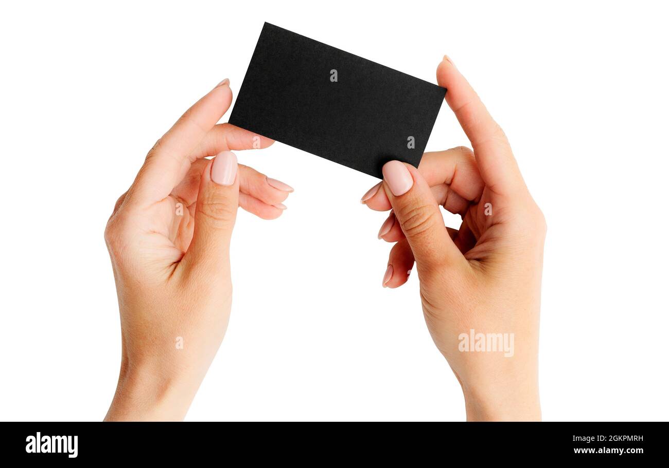 Biglietto da visita nero in mani di ragazza Foto Stock