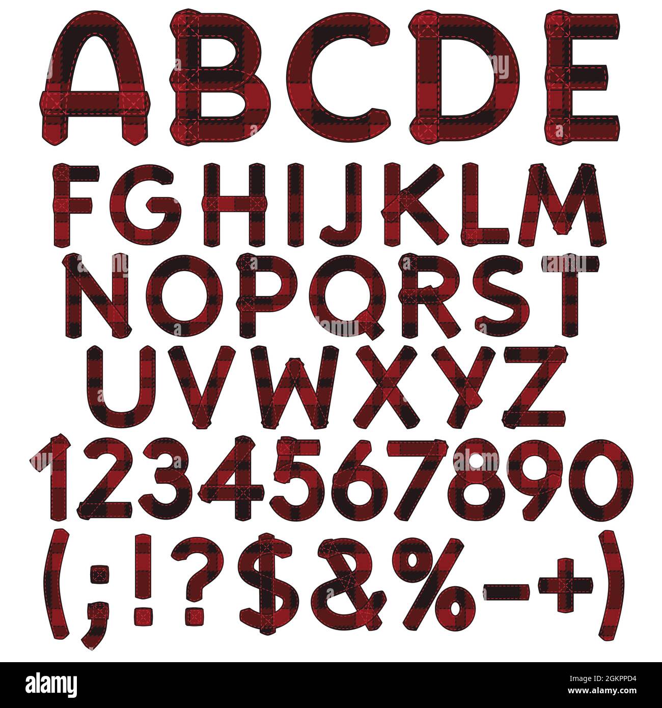 Alfabeto, lettere, numeri e segni da telo tartan. Oggetti vettoriali isolati su sfondo bianco. Illustrazione Vettoriale