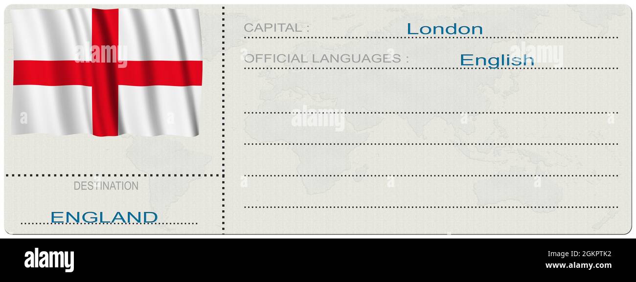 Illustrazione 3D. Inghilterra. Destinazione. Biglietto. Carta d'imbarco. Isolato su sfondo bianco. Foto Stock