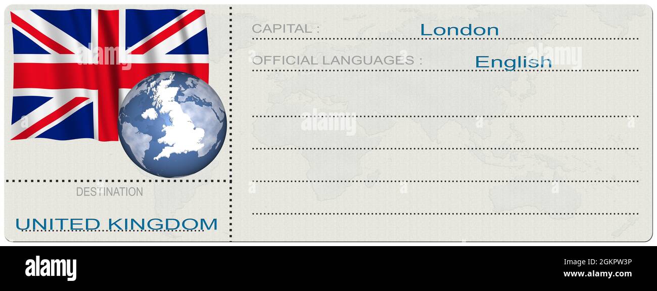 Illustrazione 3D. Regno Unito. Gran Bretagna. Destinazione. Biglietto. Carta d'imbarco. Isolato su sfondo bianco. Foto Stock