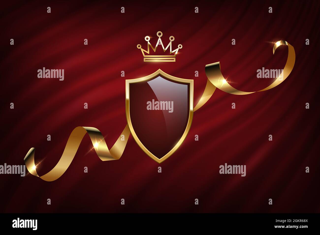 Emblema araldico reale sull'illustrazione vettoriale della tenda. Blazon medievale d'epoca 3d realistico da scudo metallico con cornice d'oro, corona d'oro, nastro su Illustrazione Vettoriale