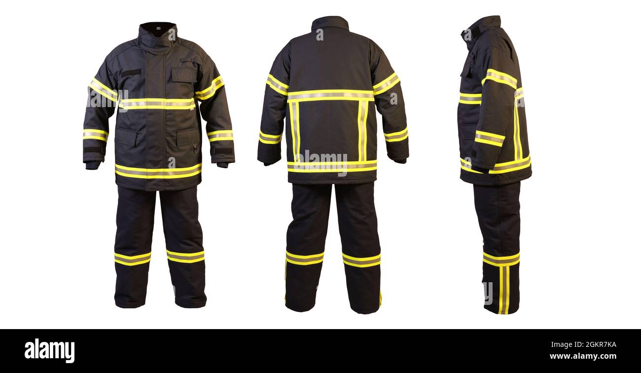 Uniformi per vigili del fuoco, queste tute di sicurezza sono realizzate in tessuti resistenti al calore e al fuoco per proteggere la pelle da incendi e incidenti sul lavoro. Questo fuoco Foto Stock