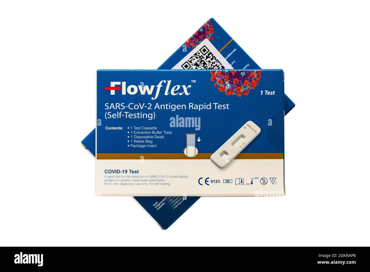Flowflex SARS-COV-2 Antigen Rapid Test Kit di test autodiagnostico Covid-19 isolato su sfondo bianco Foto Stock