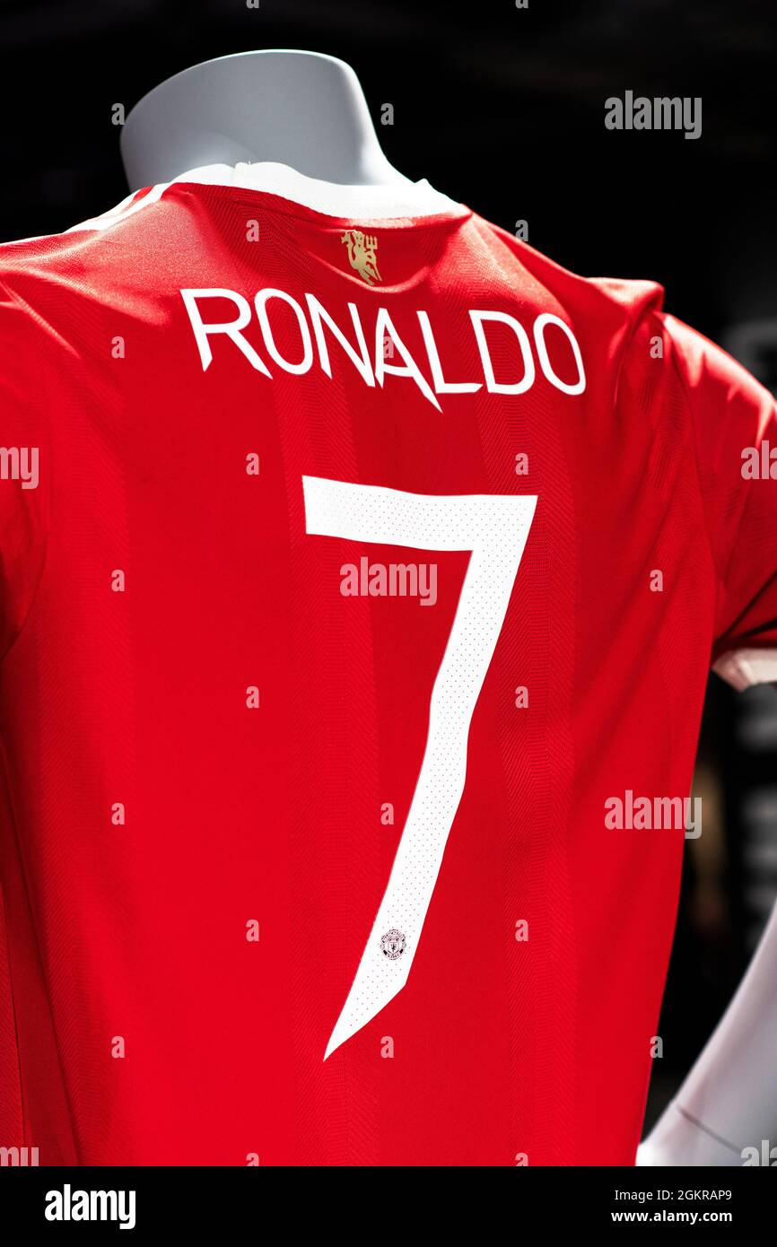 Primo piano del kit Manchester United con la stampa Ronaldo 7. Foto Stock