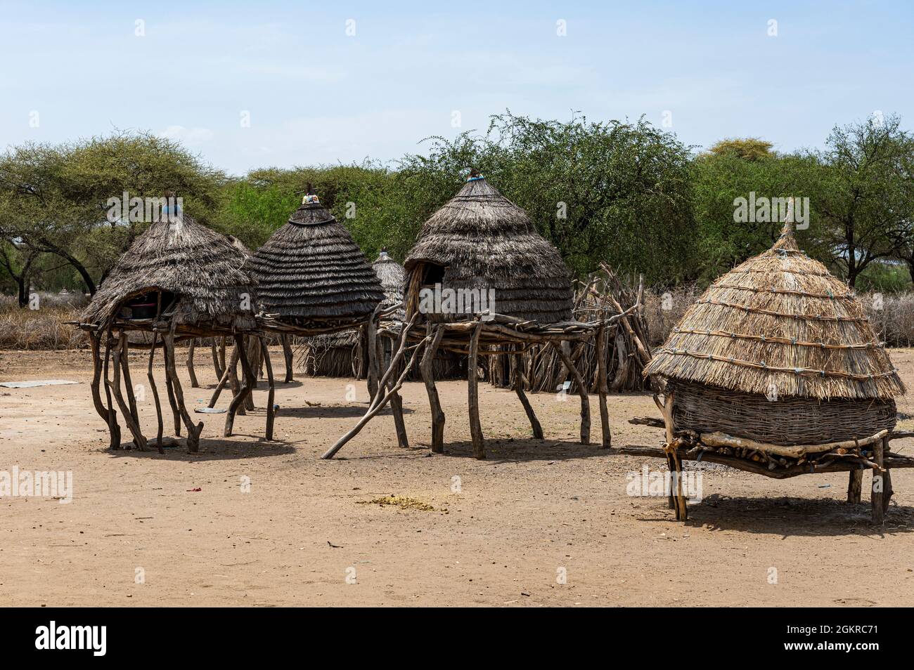 Capanne tradizionali della tribù Toposa, Equatoria Orientale, Sudan del Sud, Africa Foto Stock