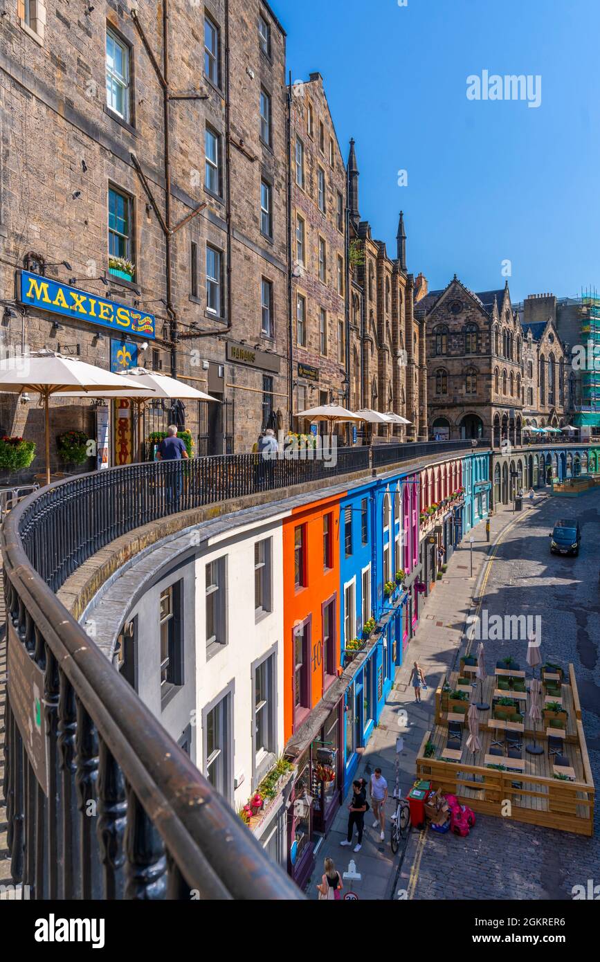 Vista di W Bow (West Bow) da Victoria Terrace, Edimburgo, Lothian, Scozia, Regno Unito, Europa Foto Stock