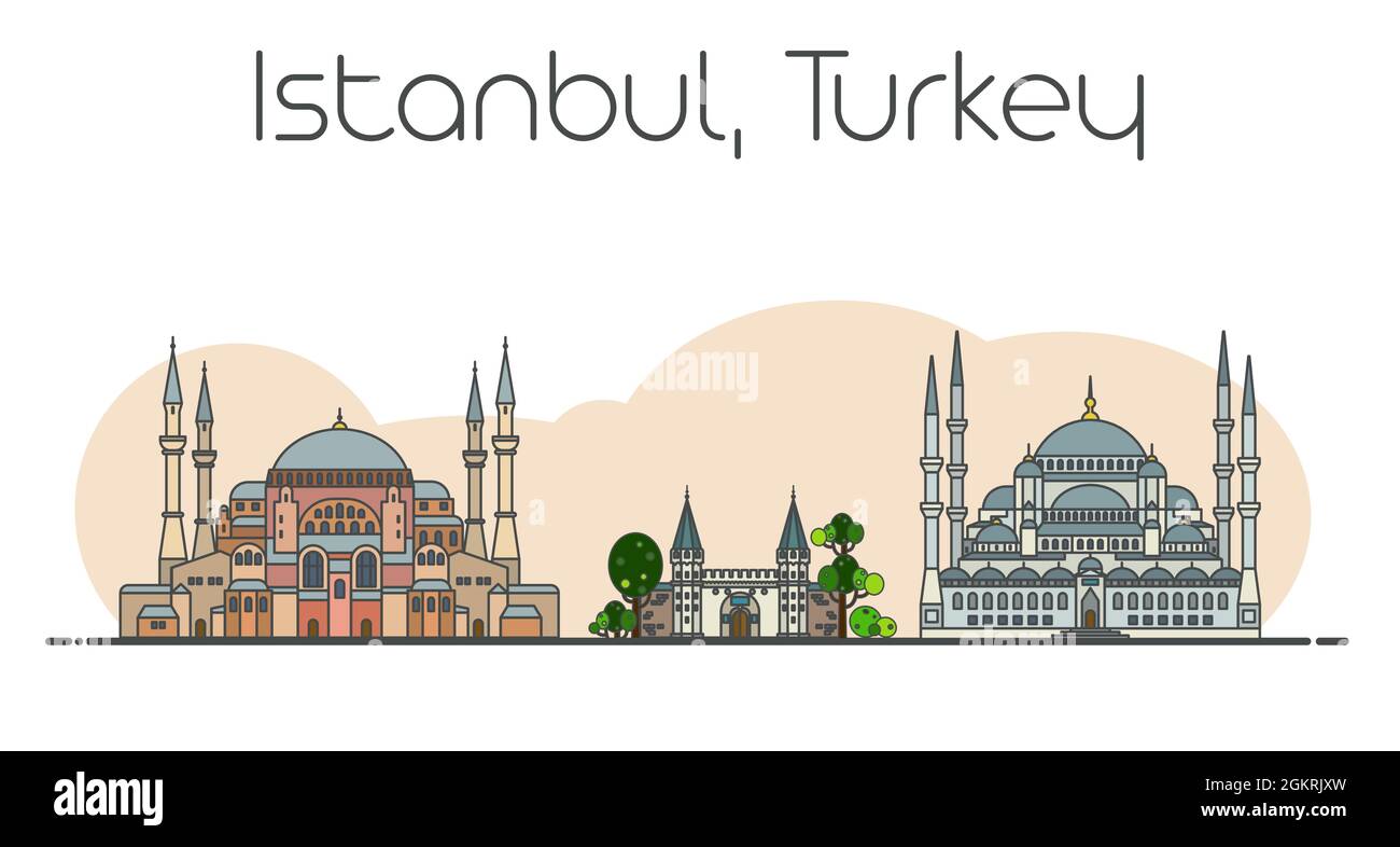 Illustrazione della linea vettoriale piatta di Istanbul, paesaggio urbano della Turchia. Famosi punti di riferimento, attrazioni della città e icone di design su sfondo astratto bianco e beige Illustrazione Vettoriale