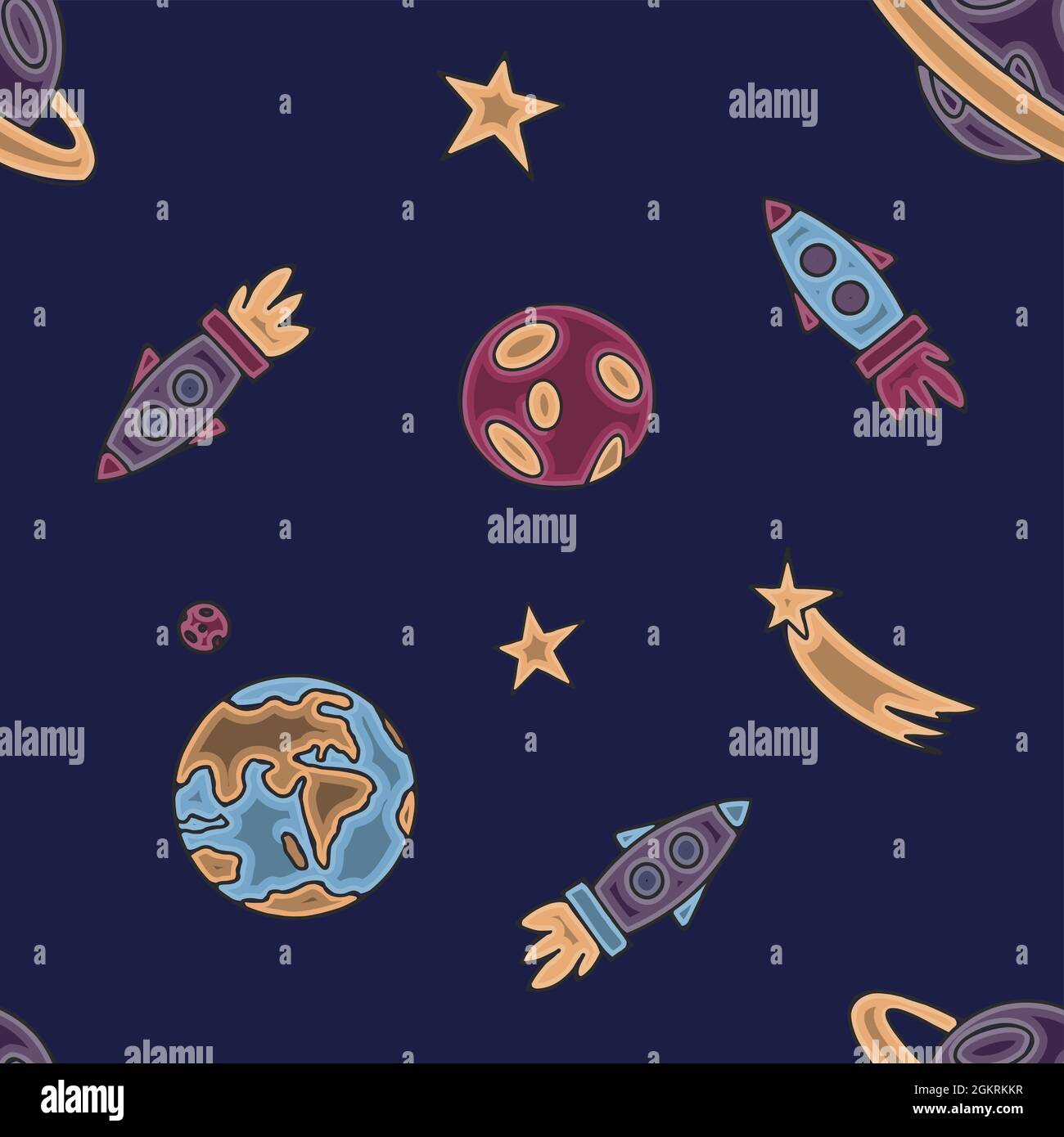 Motivo senza giunture nello spazio. Disegno a mano dello spazio con un razzo, astronauta, pianeti e alieni. Carino, disegno vettoriale dei bambini circa le astronavi, f Illustrazione Vettoriale