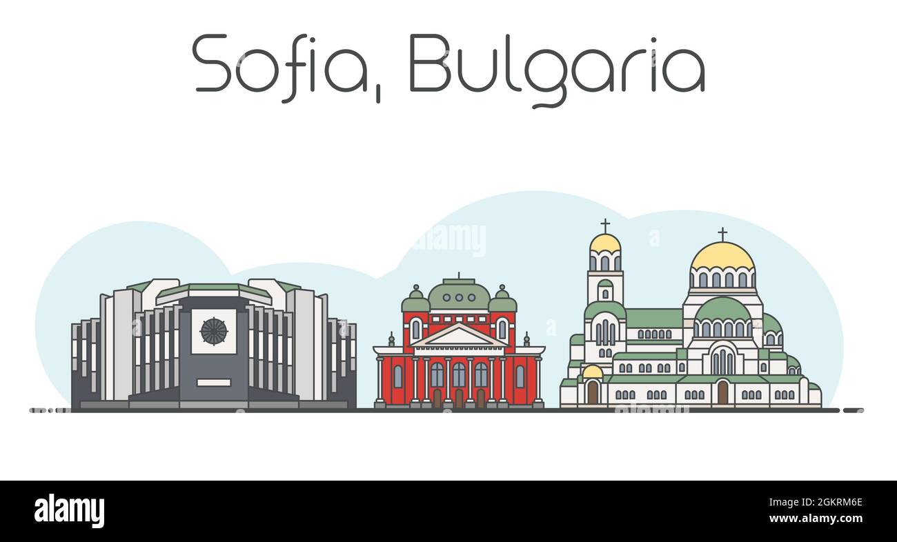 Illustrazione di linee vettoriali piatte di Sofia, paesaggio urbano della Bulgaria. Famosi punti di riferimento, attrazioni turistiche della città e icone di design isolate su sfondo bianco e blu chiaro Illustrazione Vettoriale