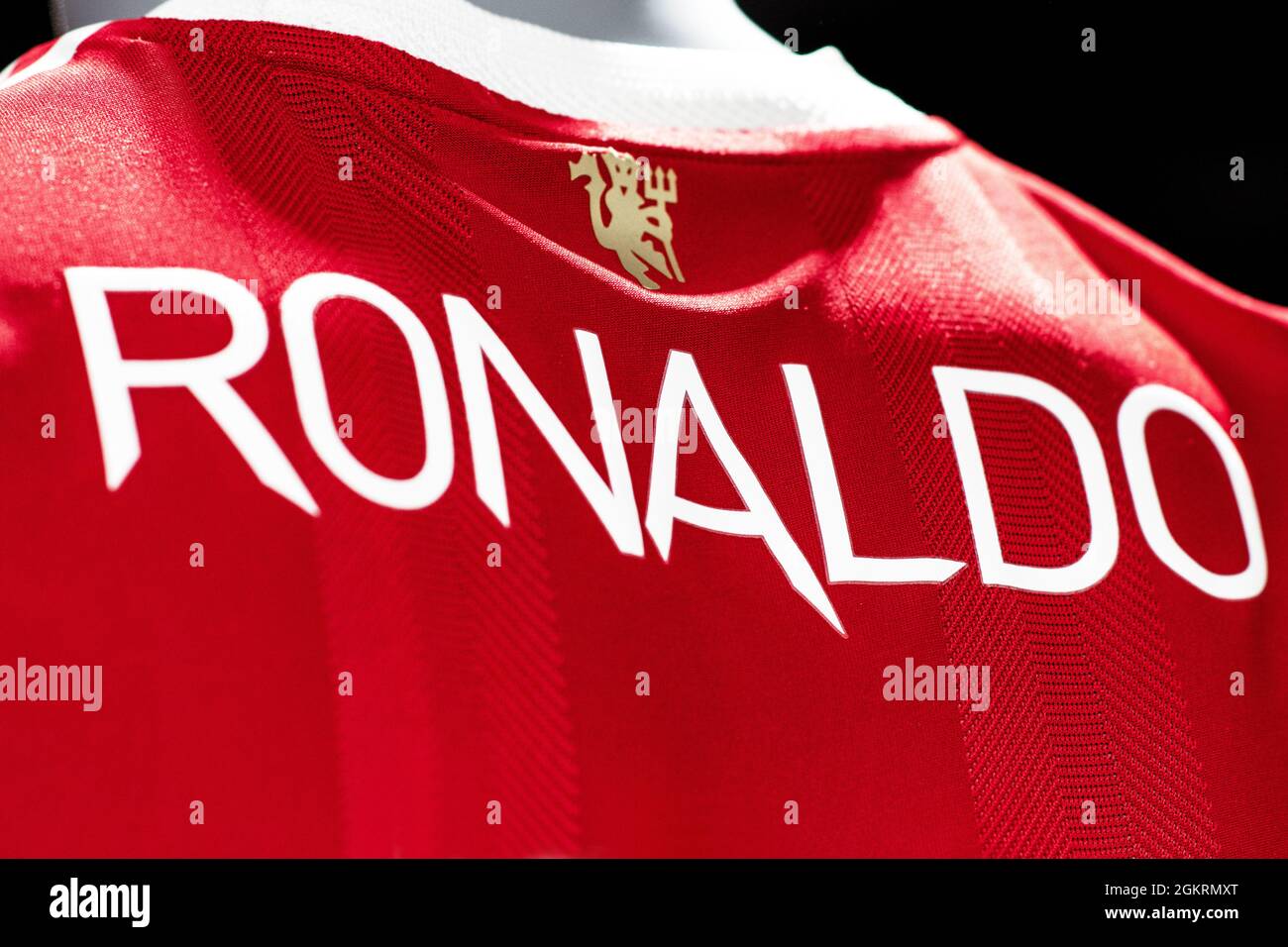 Primo piano del kit Manchester United con la stampa Ronaldo 7. Foto Stock