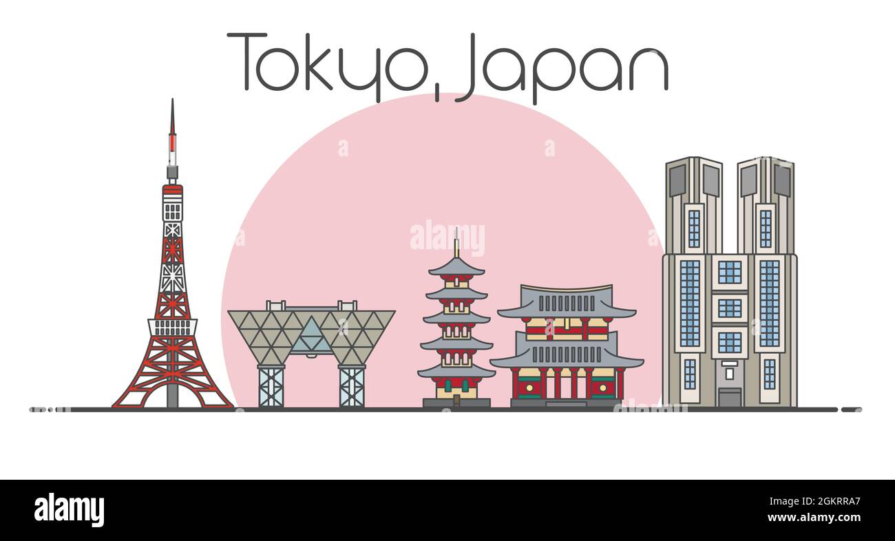 Illustrazione di linee vettoriali piatte di Tokyo, paesaggio urbano giapponese. Famosi punti di riferimento, attrazioni turistiche della città e icone di design isolate su sfondo bianco e rosa pastello Illustrazione Vettoriale