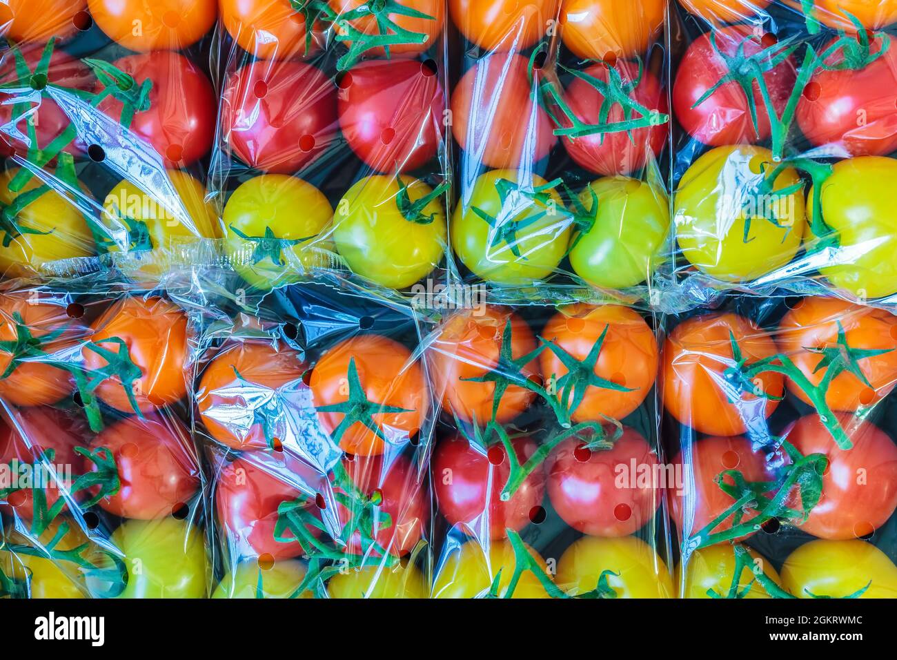 Esposizione di plastica fresca avvolto giallo, arancio e rosso pomodori ciliegia Foto Stock