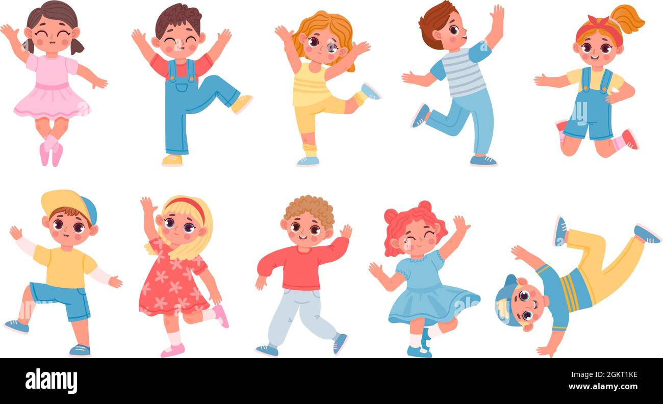Cartone animato Happy dancing e salto ragazzi e ragazze. I bambini ballano  la gioia. Balletto e aerobica pose. Il personaggio del bambino ha un  divertente set vettoriale Immagine e Vettoriale - Alamy