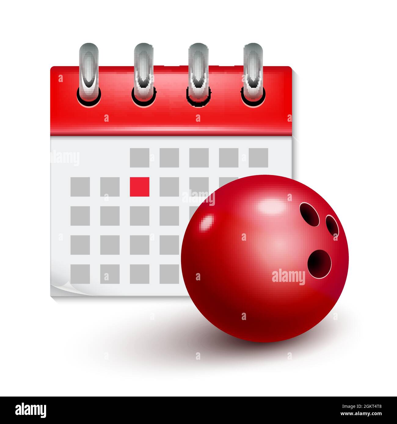 Calendario sportivo e bowling realistico palla. Calendario del mese della data dell'evento del concorso. Icona calendario bowling Illustrazione Vettoriale