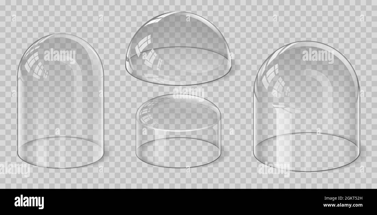Cupola di vetro trasparente, sferica, emisferica e a forma di campana. Protezione e coperchio del supporto del display. Set vettoriale per vetrina lucida Illustrazione Vettoriale