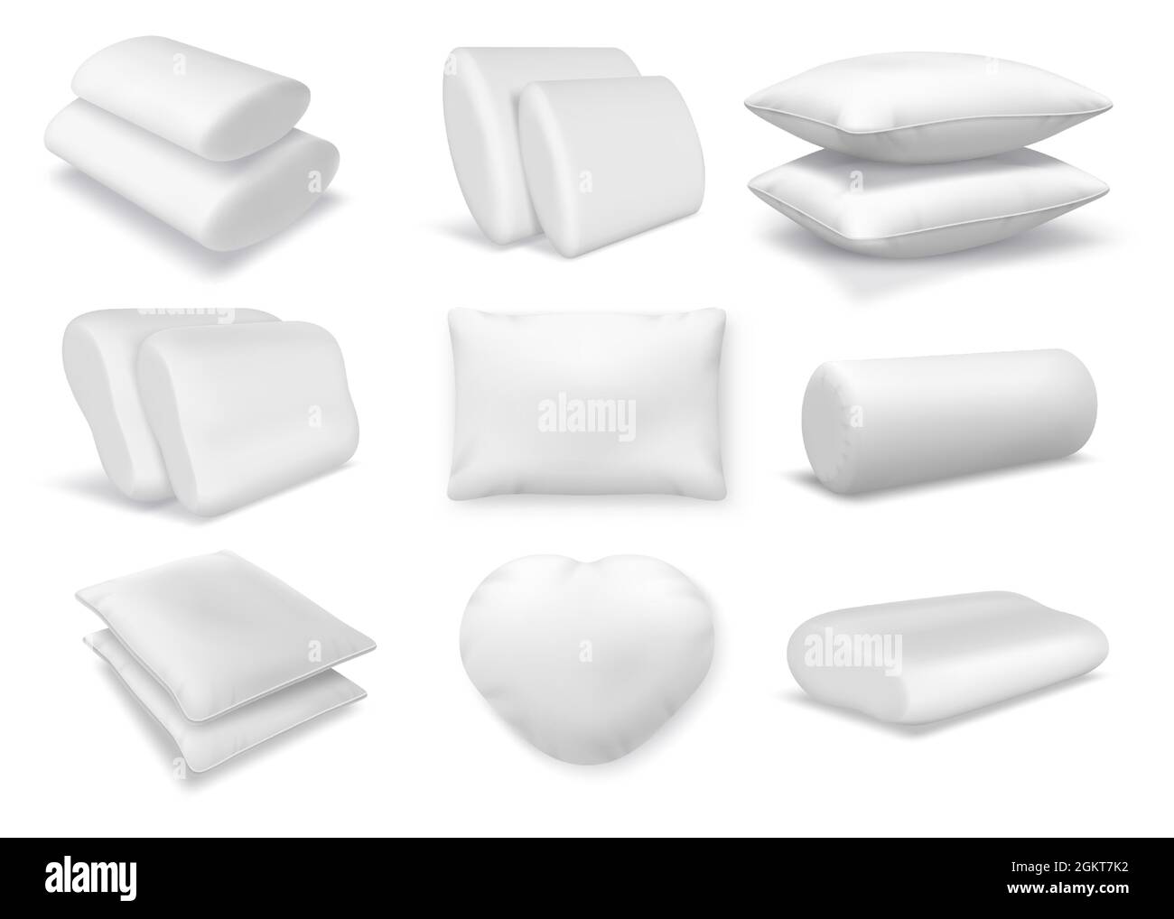 Cuscini ortopedici in cotone bianco realistico, quadrati e rotondi. cuscino soffice in piuma 3d e mockup imbottitura per letto o divano set vettoriale Illustrazione Vettoriale