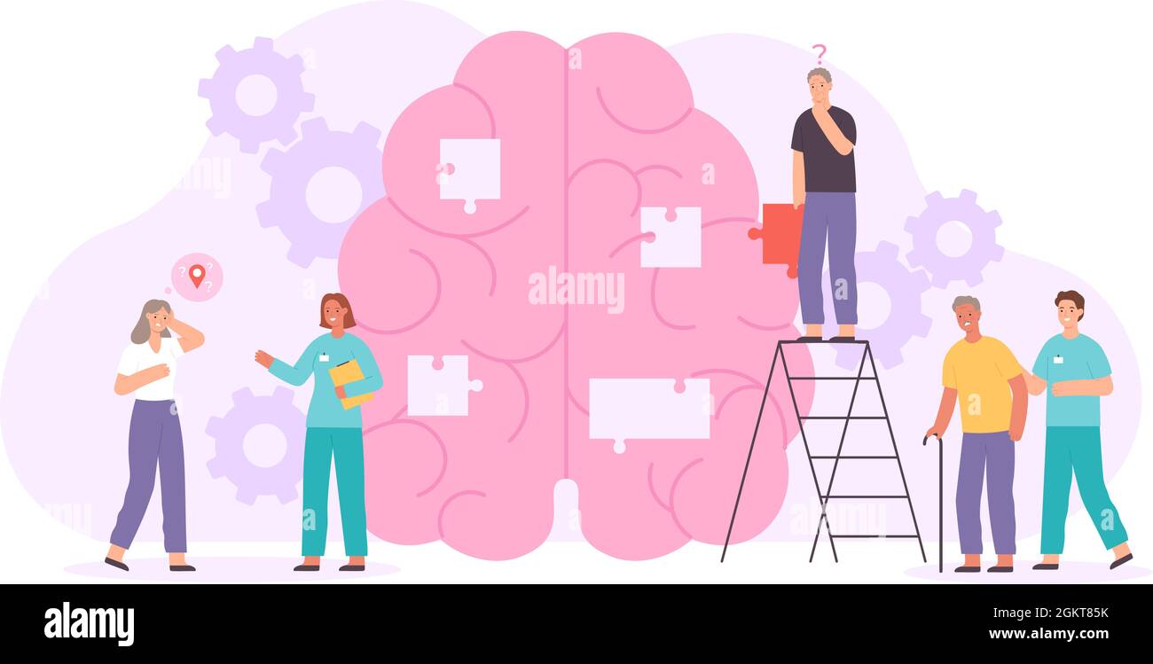 Alzheimer o demenza concetto di malattia con anziani e medici. Cervello umano piatto con memoria persa. Poster vettoriale del disturbo neurologico Illustrazione Vettoriale