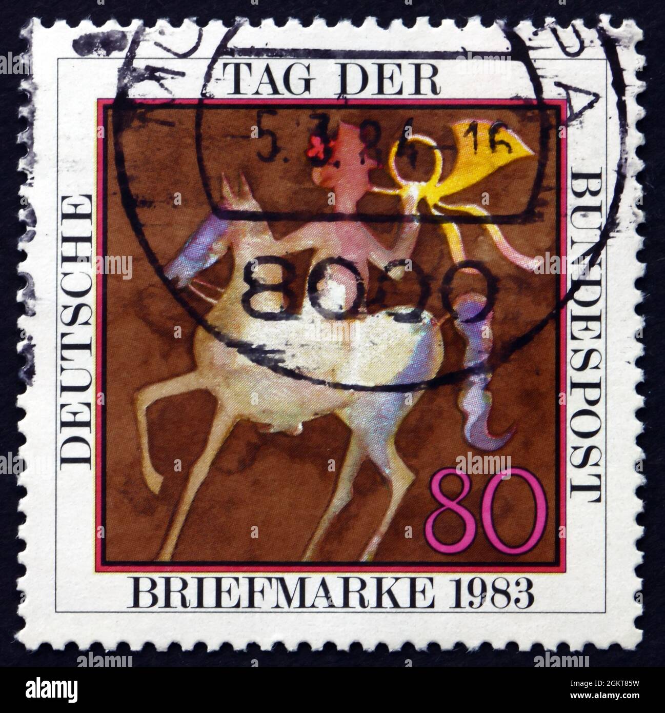 GERMANIA - CIRCA 1983: Un timbro stampato in Germania mostra Postrider, Stamp Day, circa 1983 Foto Stock