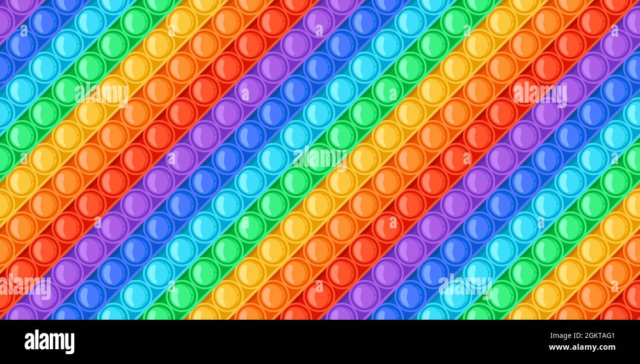 Cartoon rainbow pop IT giocattolo bolle senza cuciture pattern. Giocattoli push sensoriali antistress. Trendy relax pop fidget gioco colorato vettoriale texture Illustrazione Vettoriale