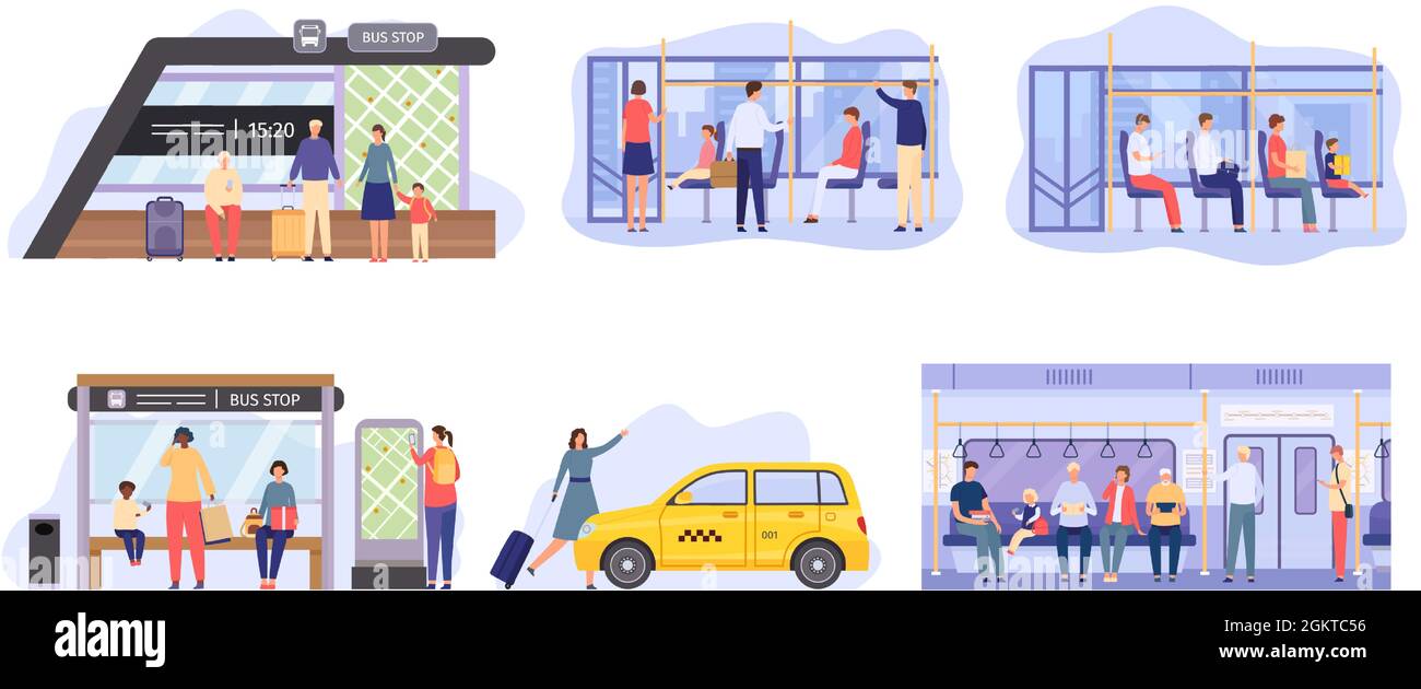 La gente alla fermata dell'autobus, affollano all'interno dei mezzi pubblici della città. I personaggi pianeggiante viaggiano in metropolitana, in attesa di autobus o tram. Vettore passeggero impostato Illustrazione Vettoriale
