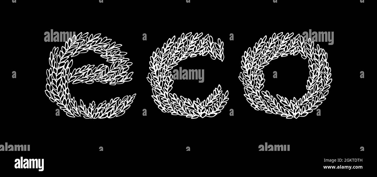 Lettere eco fogliame disegnate a mano. Illustrazione vettoriale stile Doodle. Illustrazione Vettoriale