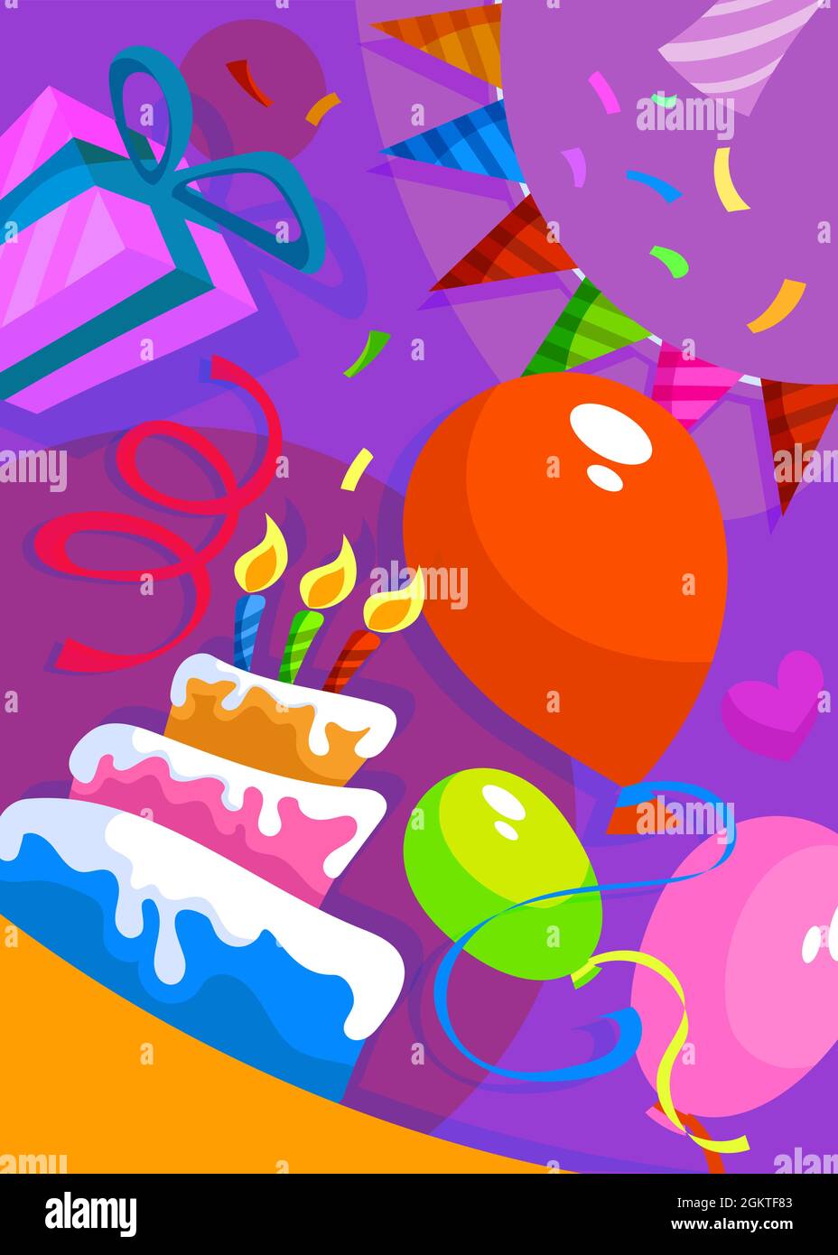 Poster di buon compleanno con torta e decorazioni. Design cartolina vacanza in stile cartone animato. Illustrazione Vettoriale