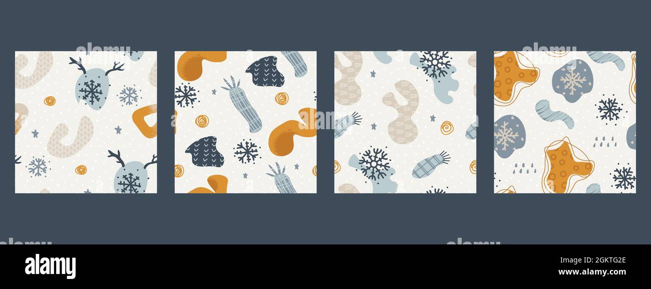Set di sfondi astratti invernali. Design senza cuciture. Elementi decorativi ripetitivi motivi di Natale o di Capodanno. Disegno a mano alla moda Illustrazione Vettoriale