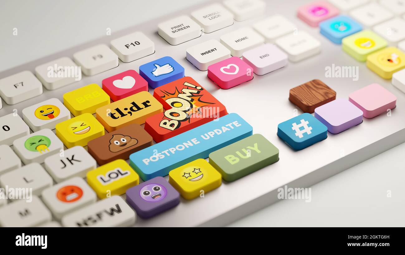 Una tastiera per computer con slang internet personalizzato e pulsanti di social media. Illustrazione 3D Foto Stock