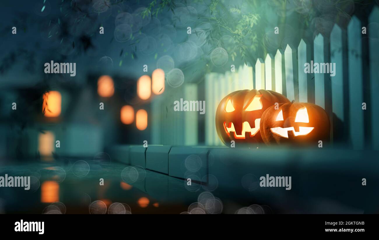 Candela illuminata Jack o Lanterna Halloween decorazioni zucca fuori su un pavimento di strada. Illustrazione 3D. Foto Stock