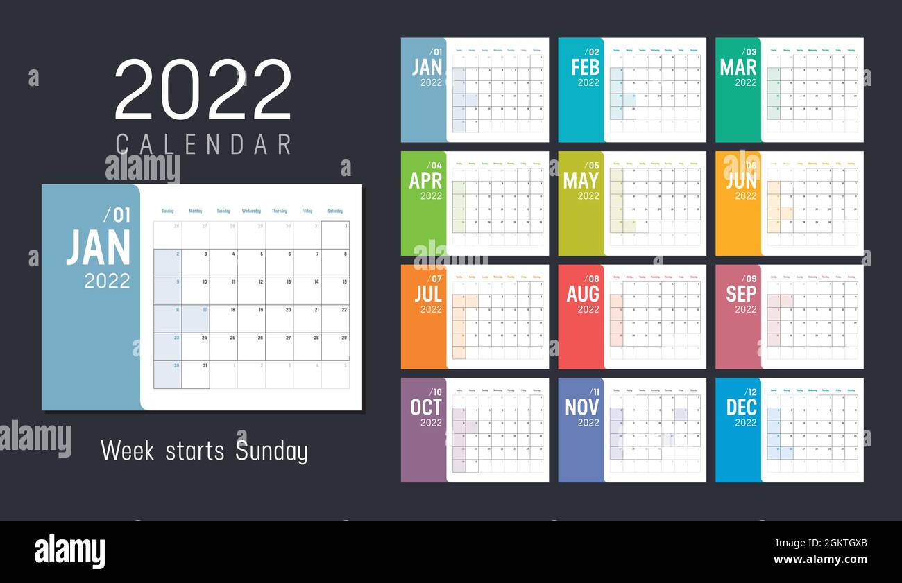 Anno 2022 calendario mensile minimalista colorato su sfondo nero. La settimana inizia domenica. Modello vettoriale. Illustrazione Vettoriale