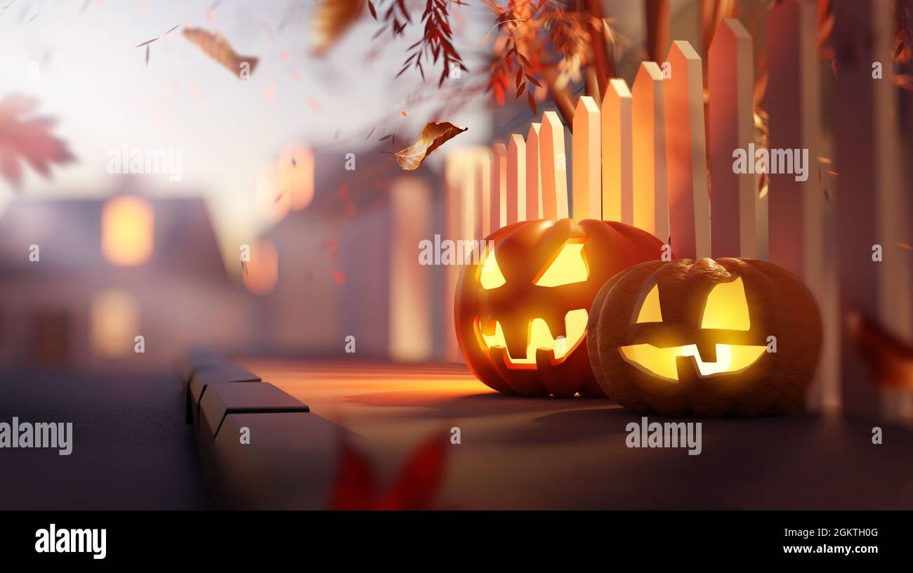 Candela illuminata Jack o Lanterna Halloween decorazioni zucca fuori su una strada suburbana pavimentazione al crepuscolo. Illustrazione 3D. Foto Stock