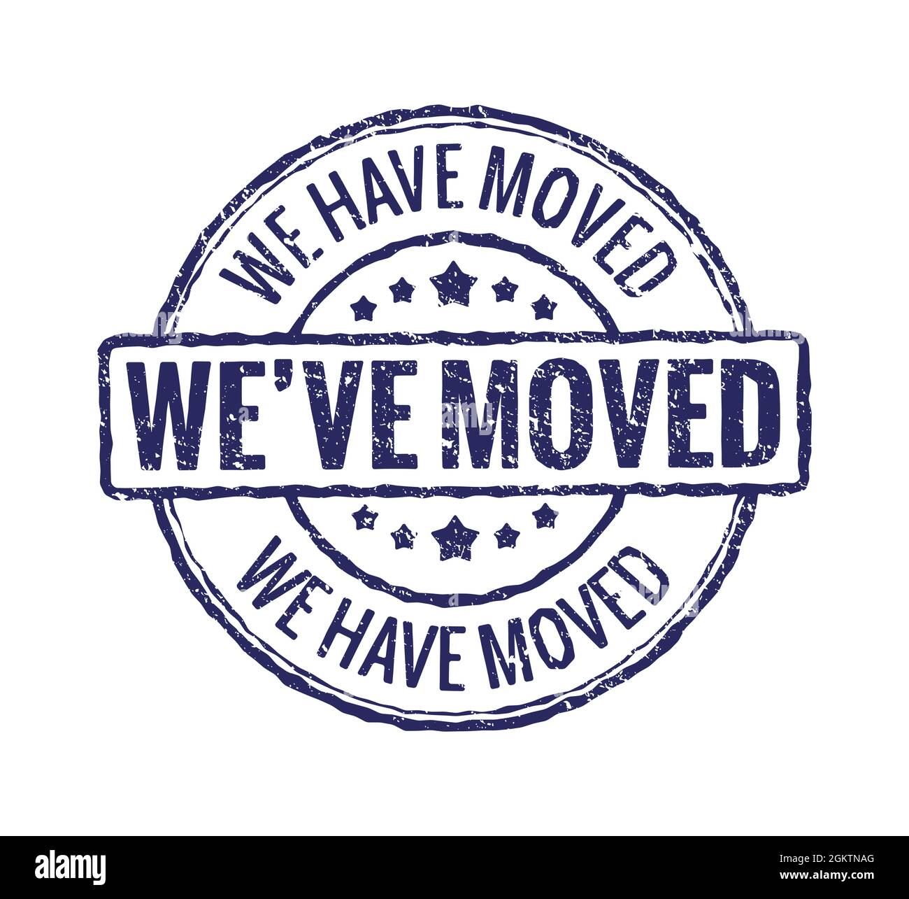 Abbiamo spostato segno rosso timbro. Etichetta Office home move etichetta di avviso isolata guarnizione in gomma grunge Illustrazione Vettoriale