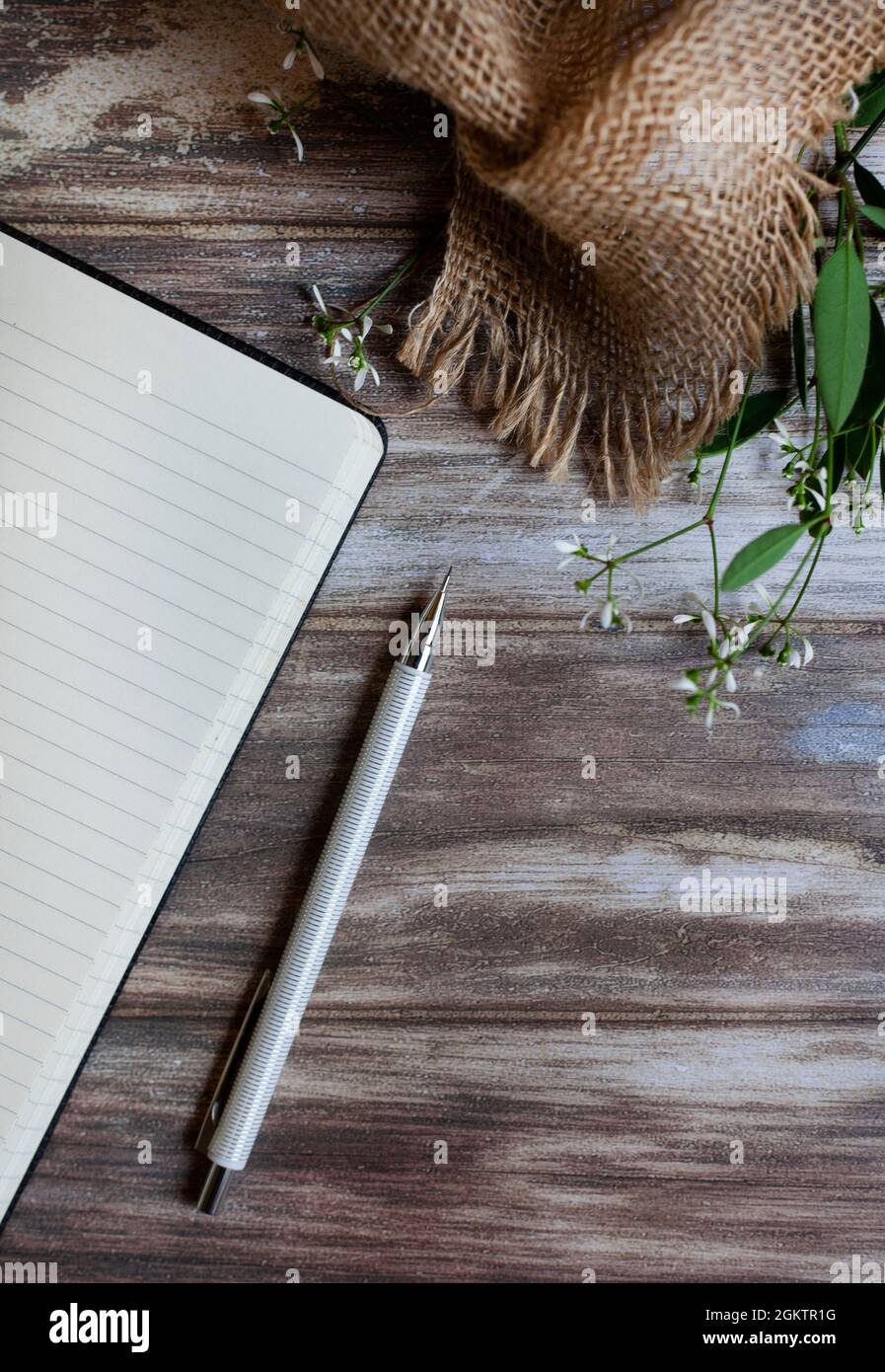 notebook o diario, vuoto, su tavolo rustico Foto Stock