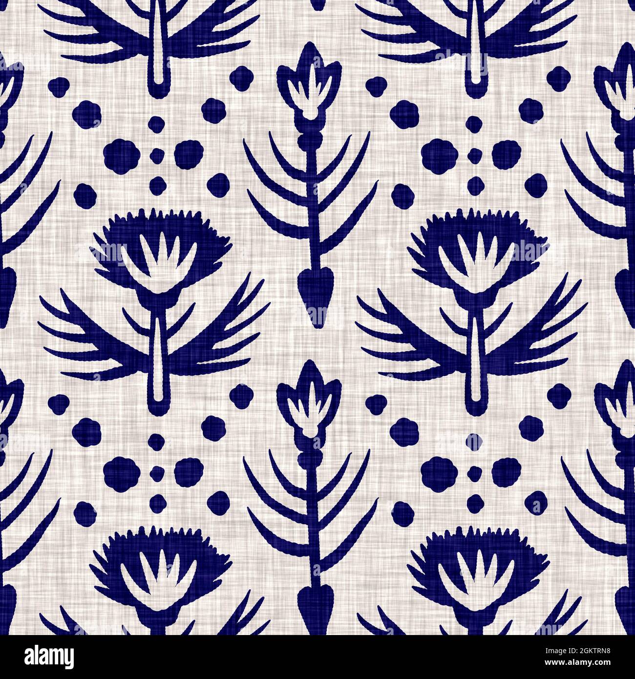 Indigo blu fiore blocco stampa tinta tessuto di lino sfondo. Campione giapponese di ripetizione batik tessuto senza cuciture. Sfocatura floreale organica afflosciata Foto Stock