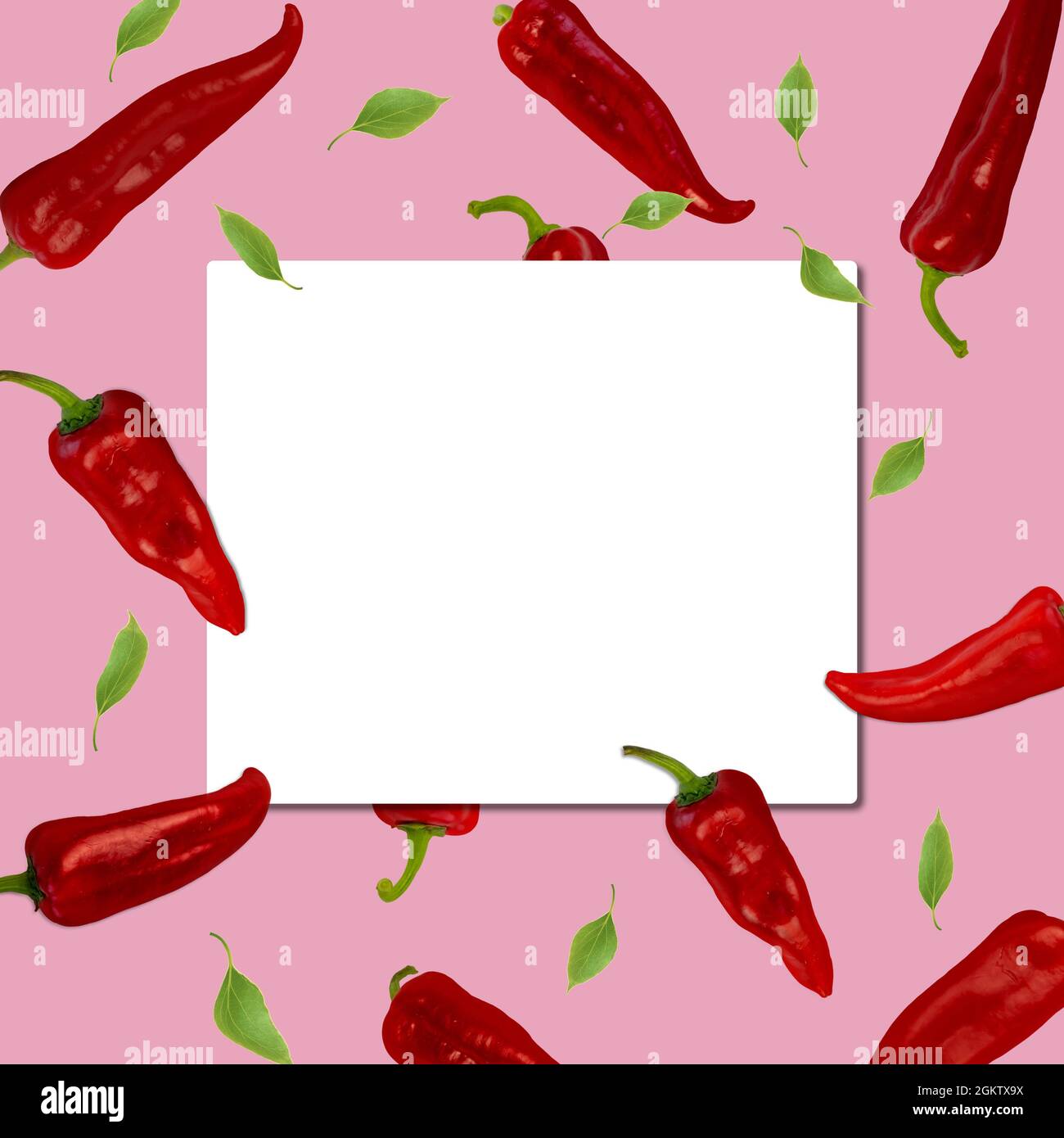 Layout creativo con foglie verdi e peperoni rossi su sfondo rosa con spazio di copia bianco. Foto Stock