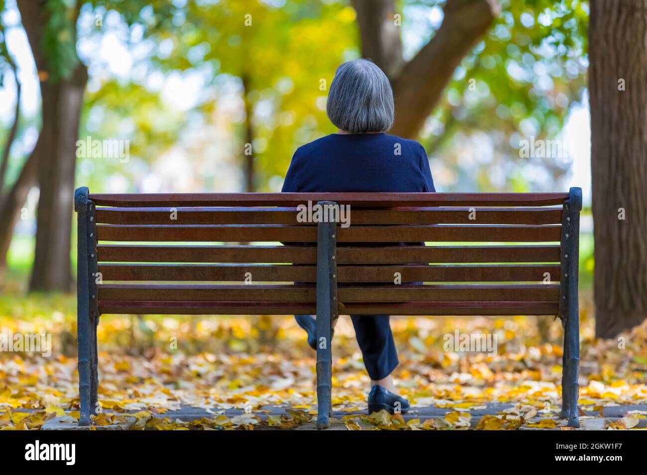 Donna anziana seduta su panchina nel parco autunnale. Foto Stock