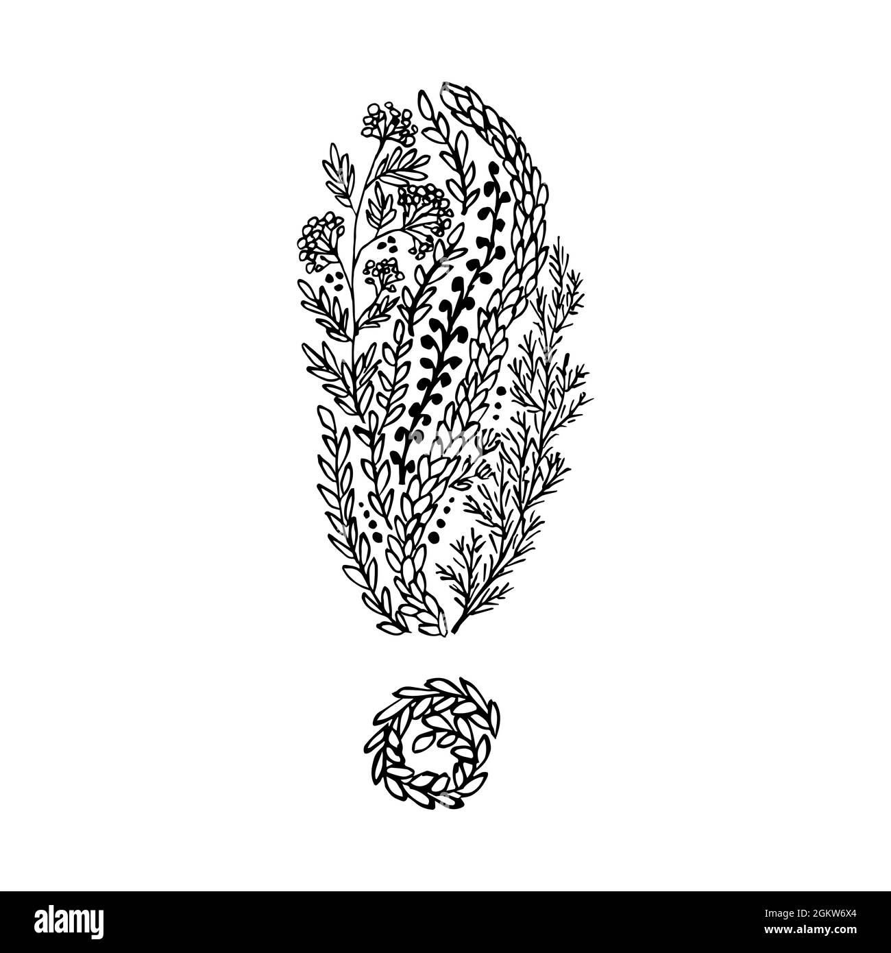 Illustrazione del fiore disegnata a mano. Punto esclamativo ecologico. Illustrazione Vettoriale