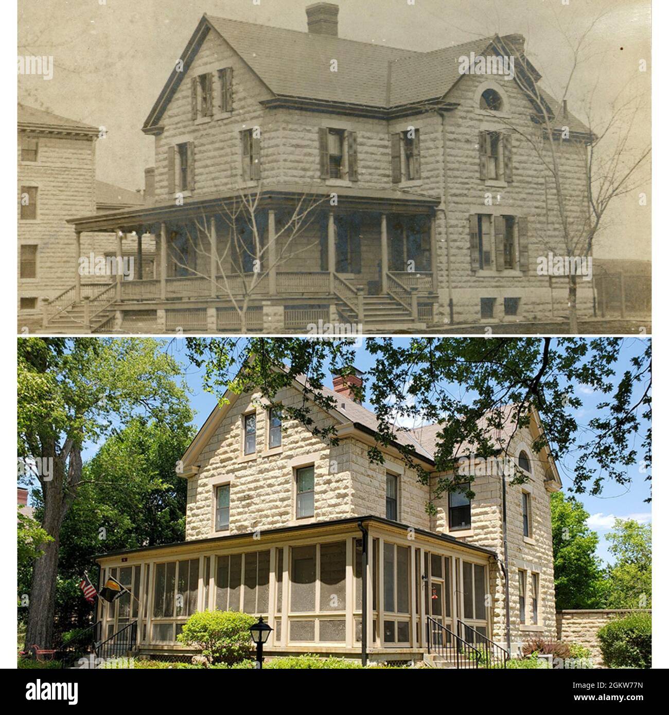 Questo venerdì di Fort Riley torniamo alla storica località di cavalleria. Quarters 4 Barry Avenue è stato costruito nel 1903 come quartier ufficiale di campo. E' stato costruito con pareti e fondamenta in pietra calcarea, pavimenti in legno e cemento e un tetto in ardesia. Il quarto trimestre è significativo in quanto è stato l'unico quartier generale costruito nel 1903. È quasi identico ai suoi vicini, Quarters 2 e 5 Barry Ave. Da quando è stato costruito, Quarters 4 ha servito continuamente come alloggio per gli ufficiali di grado di campo. Nella foto: Quarti 4 Barry Ave. Nel 1903, in alto, e come appare oggi, in basso. Foto Stock