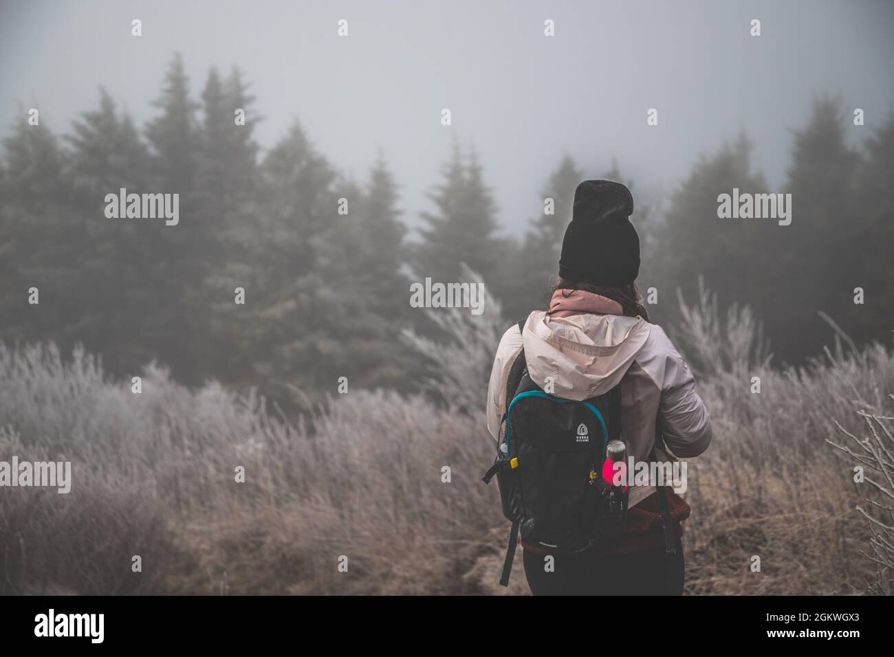 Escursionista durante una fredda mattinata sulle montagne del North Carolina Foto Stock