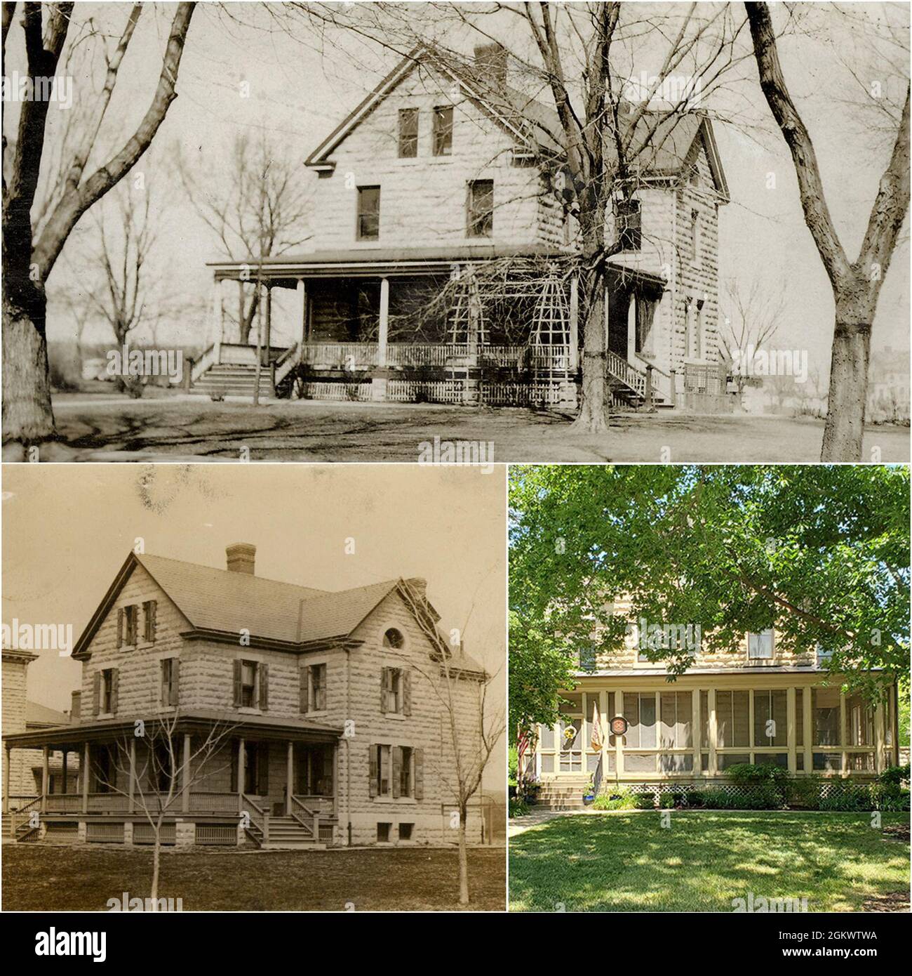 Questo venerdì di Fort Riley siamo tornati sulla storica Cavalry Post. Quarters 5 Barry Avenue è stata costruita nel 1904 come Field Officer’s Quarters. E' stato costruito con pareti e fondamenta in pietra calcarea, pavimenti in legno e cemento e un tetto in ardesia. I quarti 5 sono quasi identici ai suoi vicini a sud-est, i quarti 4, costruiti nel 1903, e i quarti 2, costruiti nel 1889. Da quando è stato costruito, Quarters 5 ha servito continuamente come alloggio per gli ufficiali di grado di campo. Nella foto: Quarti 5 nel 1904, in basso a sinistra, nel 1930, in alto, e come appare oggi come visto da Barry Avenue, in basso a destra. Foto Stock