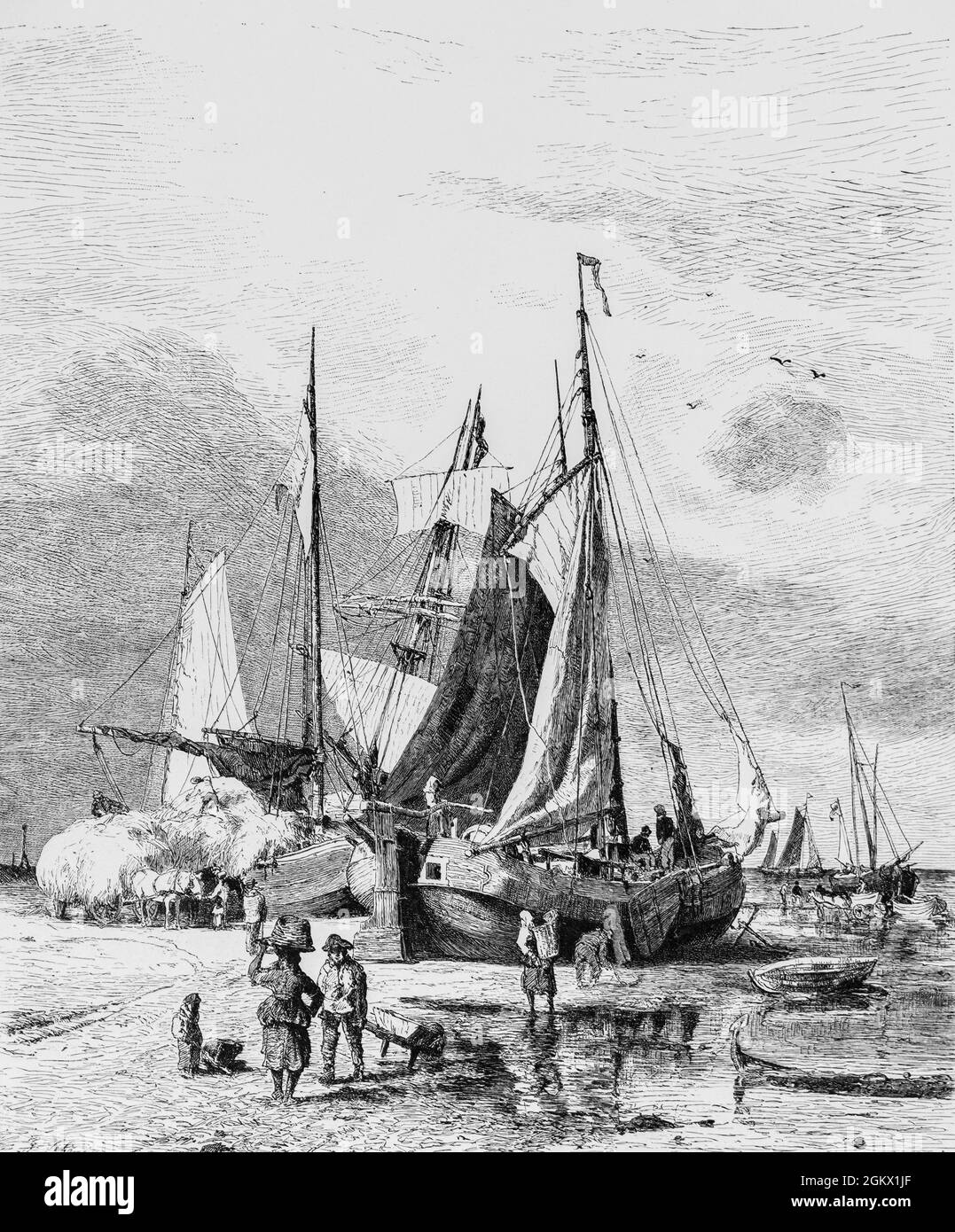 Tjalken sono vecchie imbarcazioni a fondo piatto che trasportano prodotti esclusivamente per servizi costieri, in particolare nel Mare del Nord di wadden, Germania, illustrazione 1880, Foto Stock
