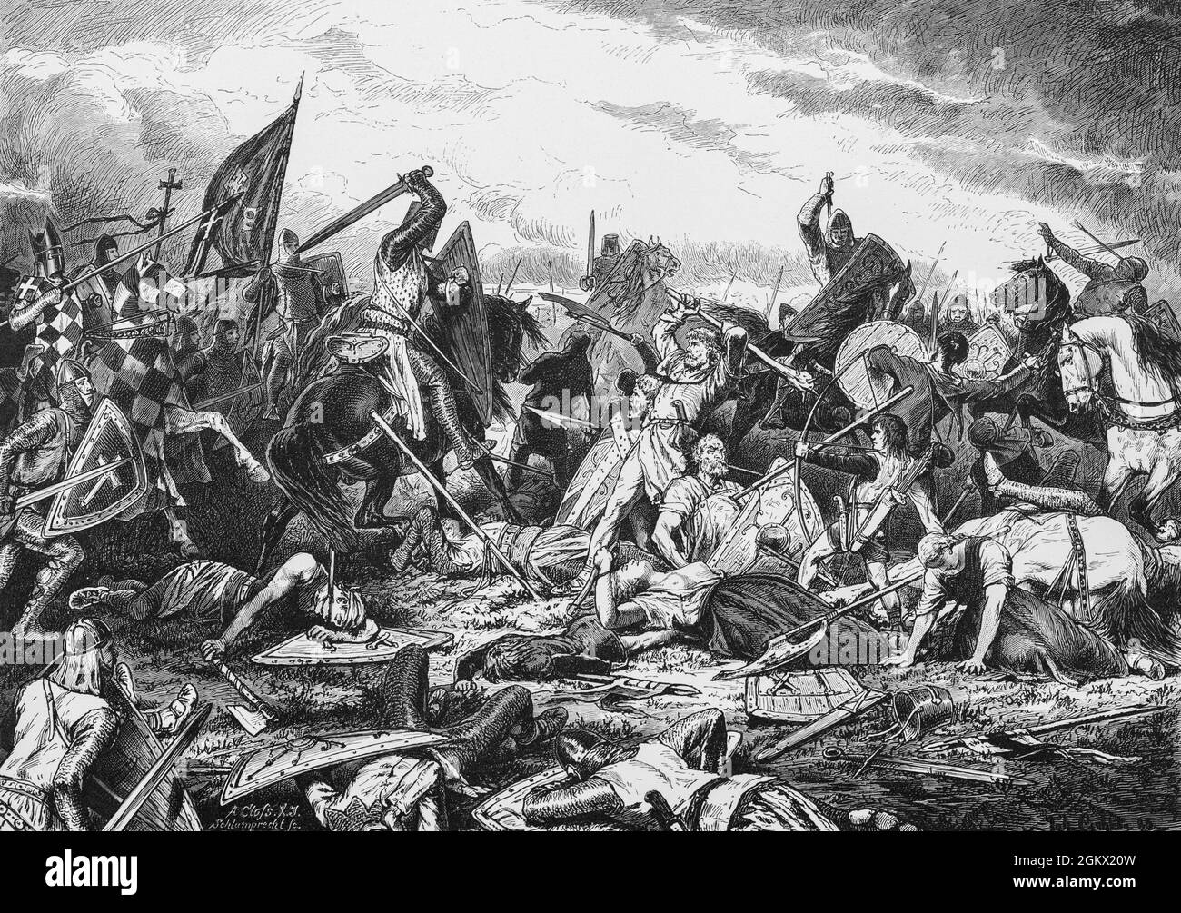 Nella battaglia di Altenesch nel 1234 il popolo di Stedinger nei pressi di Brema trovò la sua eroica morte, illustrazione storica 1880, Foto Stock