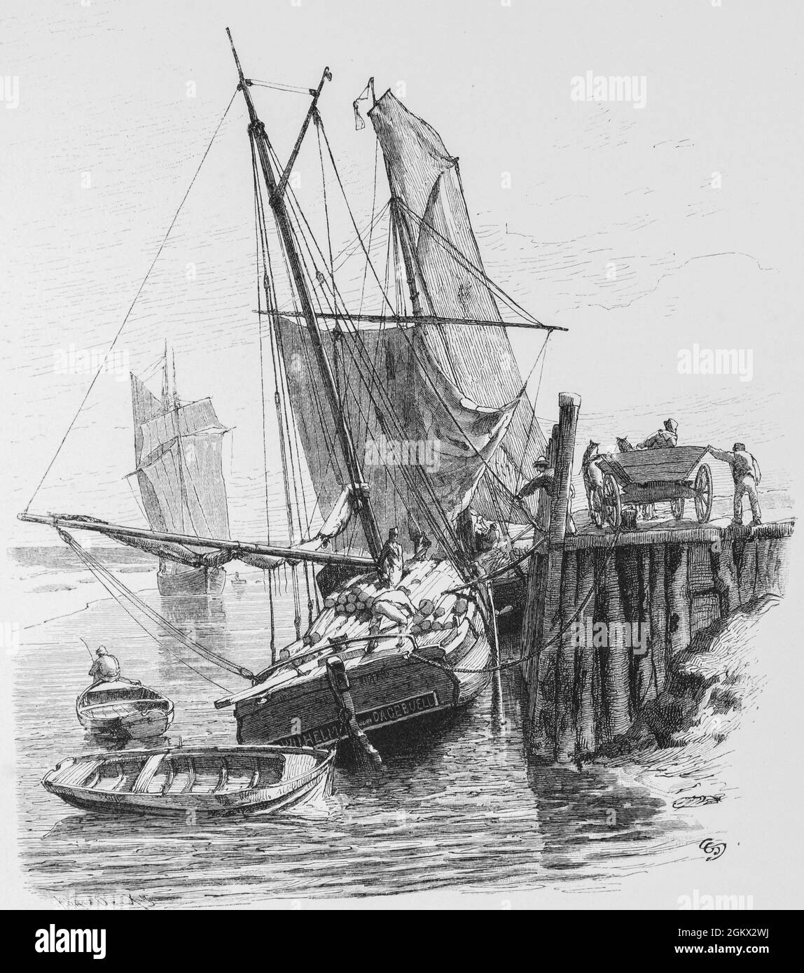 Imbarcazione a fondo piatto nel mare di wadden, il cosiddetto Watten Ewer per il trasporto in acque costiere di bassa marea, Schleswig-Holstein, illustrazione 1880, Foto Stock