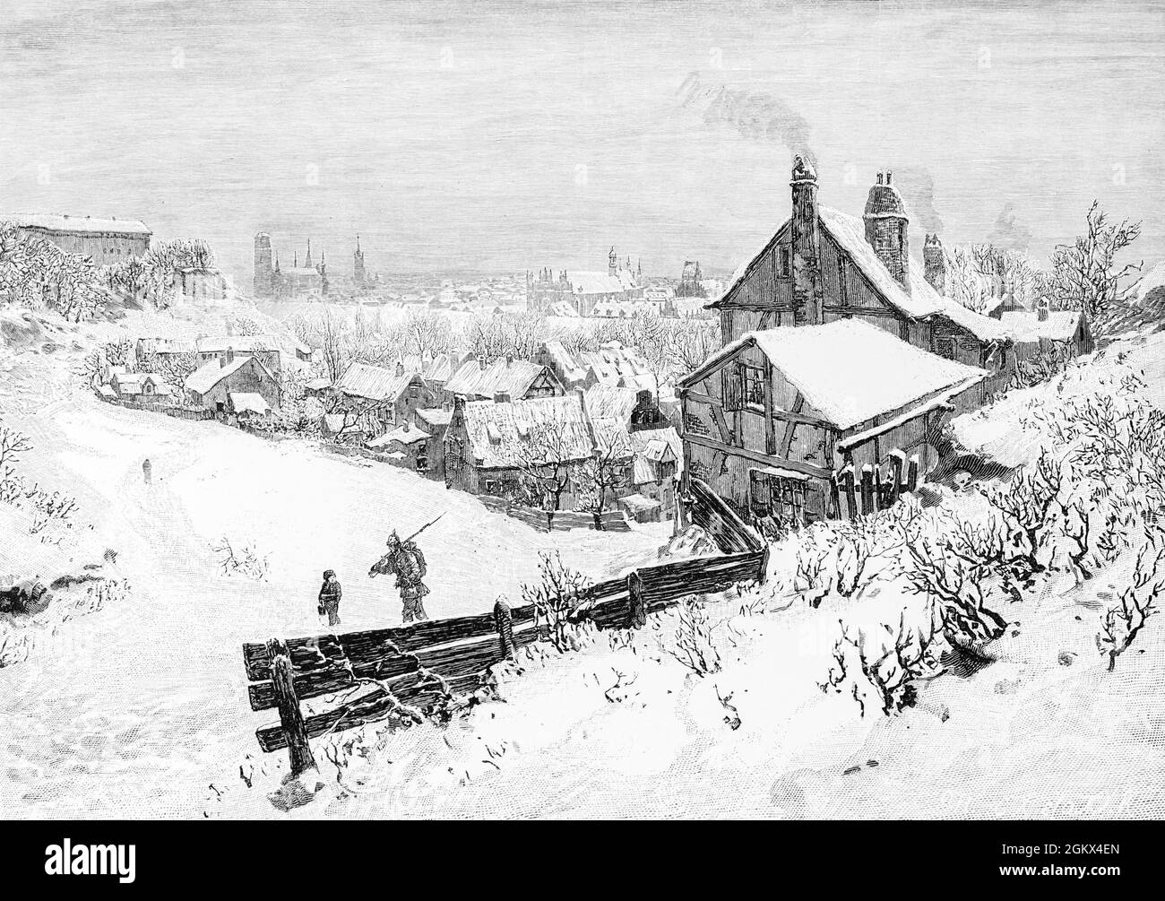 Una vista invernale del Gedansk, un tempo coperto di neve, ex Danzig, sul fiume Motlawa, sulla costa del Baltico, illustrazione storica 1880, Foto Stock