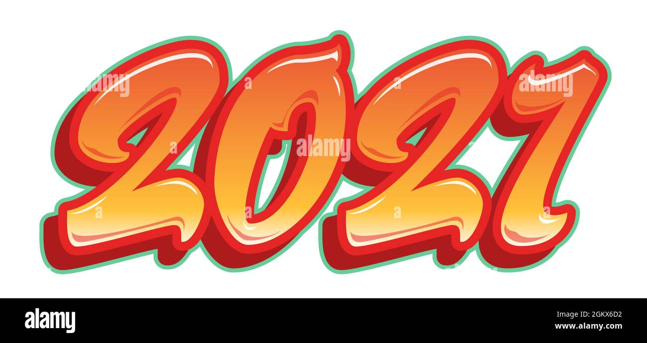 2021 in stile graffiti con scritte a pennello. Banner vettoriale del calendario isolato su bianco. Elemento di design per il nuovo anno. Illustrazione Vettoriale