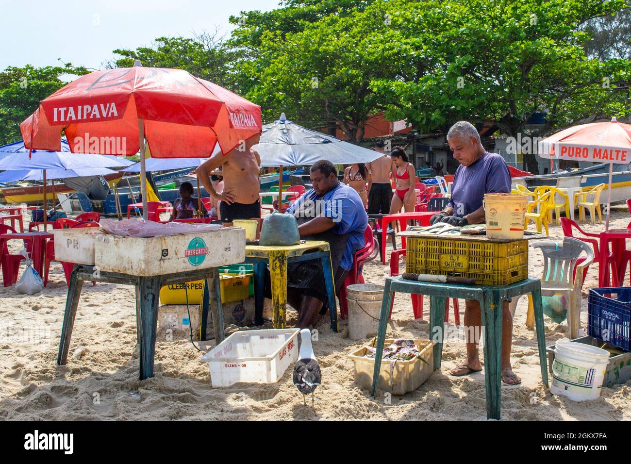 Pescatori che preparano e vendono pesce fresco a Itaipu Beach, Rio de Janeiro, Brasile. Piccola impresa privata nella sabbia. Il luogo famoso è un importante per Foto Stock